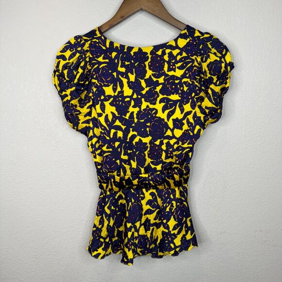 A.L.C. Womens Yellow &‎ Blue Floral Ruched Short Sleeve Top 0 Luxe Edgy - Picture 7 of 11
